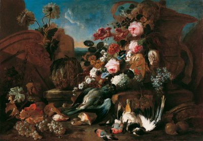 花、死んだ鳥、廃墟のある静物 作： Franz Werner Tamm