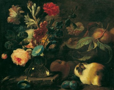 モルモット、花、果物のある静物 作： Franz Werner Tamm