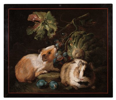 1800〜25年にキャベツとブドウを食べる2匹のモルモットを描いたローマのマイクロモザイクパネル 作： Franz Werner von Tamm