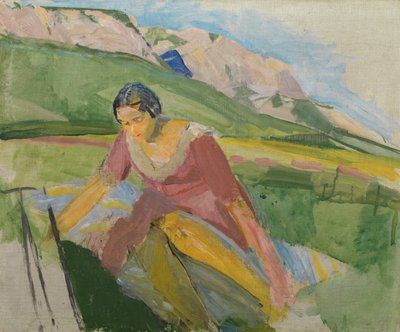 風景の中の若い女性（カリンシア）、c.1930-38（キャンバスに油彩） 作： Franz Wiegele