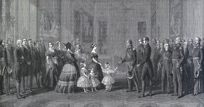1844年10月8日、ウィンザー城でフランス王ルイ・フィリップ1世（ルイ・フィリップ・ドルレアン、1773～1850年）を迎えるイギリスのヴィクトリア女王（1819～1901年）。ヴィンターハルターの絵画の後に彫られた版画 作： Franz Xaver  Winterhalter (after)