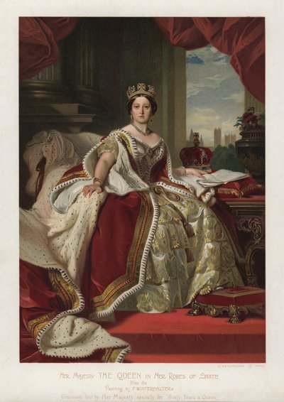 晴れ着姿のヴィクトリア女王（カラーリトグラフ 作： Franz Xaver  Winterhalter (after)