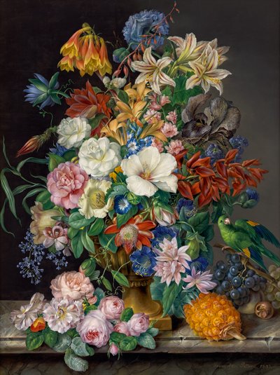 パイナップル、ブドウ、オウムの花の作品 作： Franz Xaver Petter