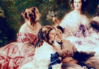 ウジェニー女王（1826-1920）と彼女の待機中の女性、エスリングの王女、ピエールの男爵夫人、レゼマルネシアの子爵夫人の詳細、1855 作： Franz Xaver Winterhalter