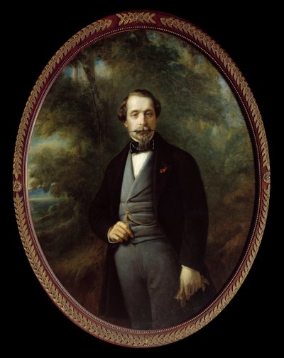 ナポレオン3世（1808年〜1873年）の足元の肖像。フランソワ・グザビエ（フランツ・グザバー）・ヴィンターハルター（1806-1873）による絵画、キャンバスに油彩、110x140cm、Ec.All. 作： Franz Xaver Winterhalter