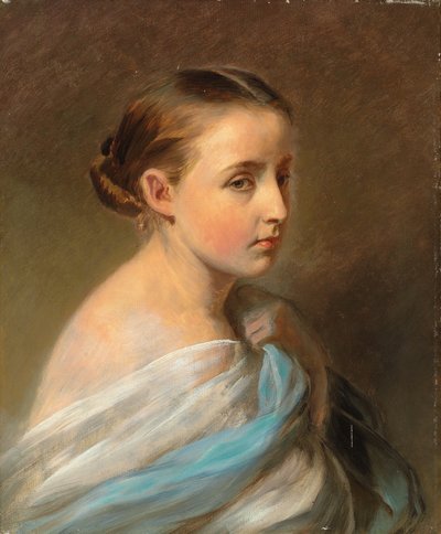 青と白のラップで覆われた少女、頭と肩の肖像、c.1850 作： Franz Xaver Winterhalter