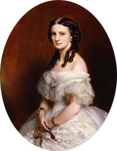 ハーフレングスの女性の肖像画、白いドレスを着て、ルネットのペアを持っています、 作： Franz Xaver Winterhalter