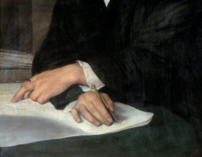 建築家Karl Berckmuller（1800-1879）のポートレート、飛行機の上で交差した手のディテール。片方はコンパスを持っている。フランツ・グザバー・ヴィンターハルター（1806-1873）の絵画 Ec.All. 作： Franz Xaver Winterhalter
