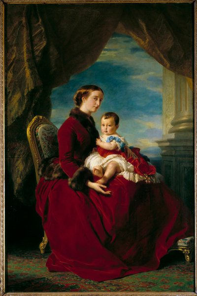 ウジェニー皇后と皇太子のポートレート。Eugenie de Montijo（1826 - 1920）とナポレオン3世との間に生まれた息子、Napoleon Eugene Louis Bonaparte（1856 - 1879）。フランソワ・クサヴァー・ヴィンターハルター（1806 - 1873）の絵画 Ec.All. 作： Franz Xaver Winterhalter
