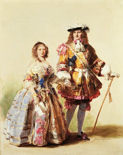 1851年の舞踏会で復古時代の服を着たヴィクトリア女王とアルバート王子、フランツ・クサヴァー・ヴィンターハルター（1805-1873）の絵 作： Franz Xaver Winterhalter