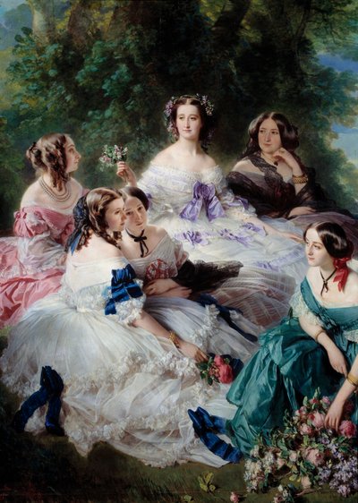 1855年のウジェニー像（1826-1920）は、エスリング王女、ストーンズ男爵夫人、レゼイ・マルネシア子爵夫人、上部に白衣を着た皇帝、下部にモンテベロ侯爵夫人が描かれた詳細宮殿の貴婦人たちを取り囲んでいます。 作： Franz Xaver Winterhalter