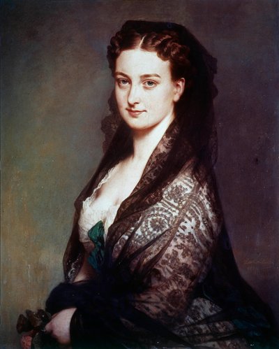 不明者はマンティラを持っている フランツ・グザヴィエ・ヴィンターハルター（1806-1873）の絵画。1869.薄暗い。0.80 X 0.65 m コンピエーニュ、城郭博物館 作： Franz Xaver Winterhalter