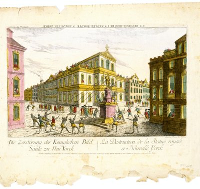 Vue d&39;Optique - The Destruction of the Royal Image Column zu Neu Yorc（Optical View - Destruction of the Royal Statue in New York）、c。 1776年（簀の紙に多色水彩でエッチングと彫刻） 作： Franz Xavier Habermann
