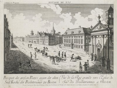 Vue d&39;Optique - Prospect des Grossen Plazes gegen der Alten Sud Kirche der Presbiterianer zu Boston（Optical View - View of the Large Squares to the Old South Presbyterian Church in Boston）、c。 1776年（エッチングと彫刻、簀の紙に無着色） 作： Franz Xavier Habermann