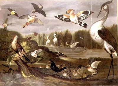 カケス、ノビタキ、マガモ、ハクセキレイなどの鳥がいる川の風景 作： Franz de Hamilton