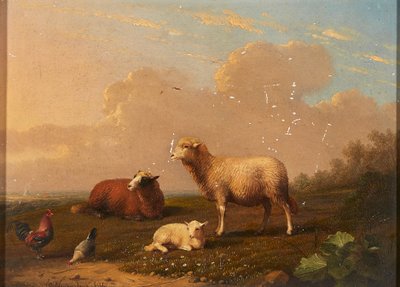 牧草地の羊と鶏（パネルに油彩） 作： Franz van Severdonck