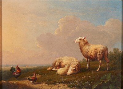 牧草地の羊と鶏（パネルに油彩） 作： Franz van Severdonck