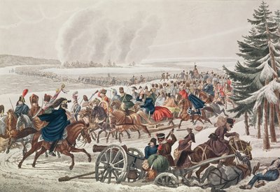 1812年11月26日、JAクラインによって彫刻されたベレージナ川にかかるフランス陸軍の後退 作： Franz von Habermann