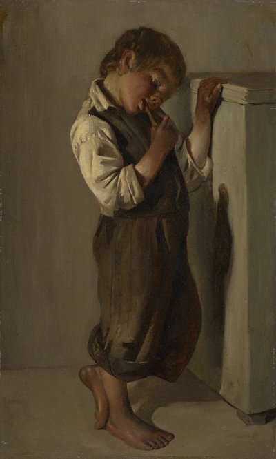 居間でパンを食べる農場の少年 作： Franz von Lenbach