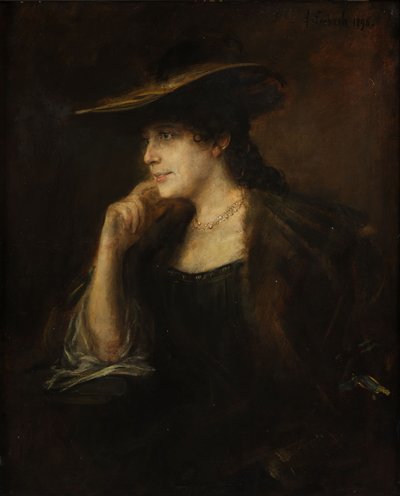 毛皮の襟とつばの広い帽子をかぶった若い女性の肖像 作： Franz von Lenbach
