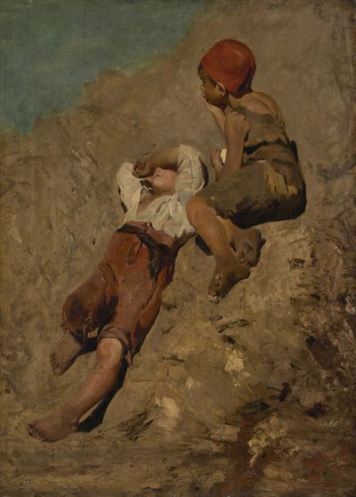 斜面に二人の農民の少年 作： Franz von Lenbach
