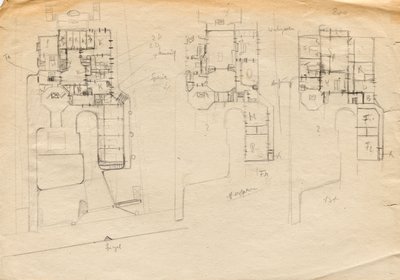 抹茶アトリエヴィラのデザインスケッチ - 3階建ての間取り図 作： Franz von Matsch