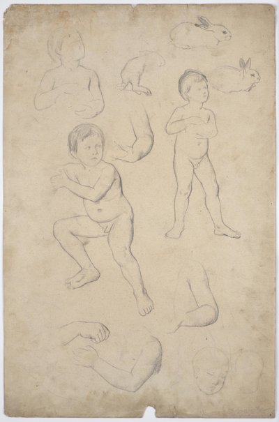 子供たちのヌードとヘッドスタディー、ウサギ2羽 作： Franz von Matsch