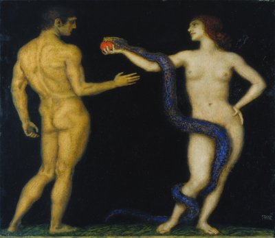 アダムとイヴ, c.1920 (テンペラ、木) 作： Franz von Stuck
