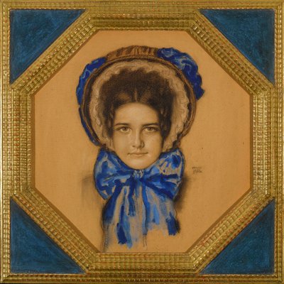 Marie avec un chapeau (type capot) - ポケのボンネットをかぶった娘メアリー - Franz-Ritter (Franz Ritter) von Stuck (1863-1928).厚紙にグワッシュ、パステル、石炭 寸法 : 55x49,3 cm 個人蔵 作： Franz von Stuck