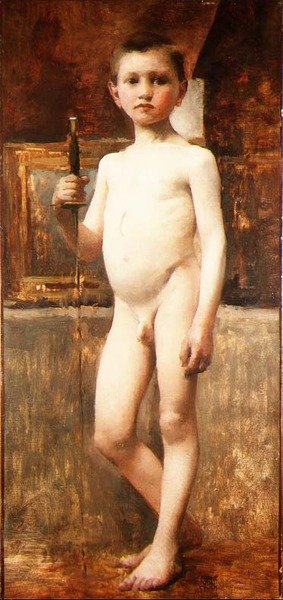 刀を持つ裸の少年（油彩・キャンバス） 作： Franz von Stuck