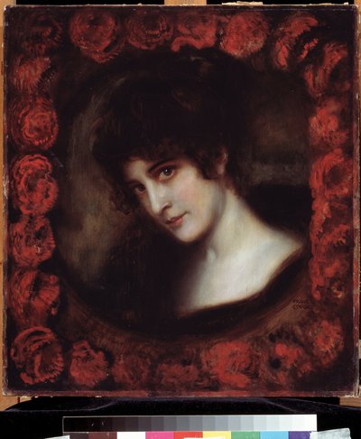 ""Portrait of a Woman"" (Portrait of a Woman) 顔をバラで縁取られた若い黒髪の女性。 Franz Ritter von Stuck (1863-1928) の絵画 20 世紀初頭 プーシキン美術館、モスクワ 作： Franz von Stuck