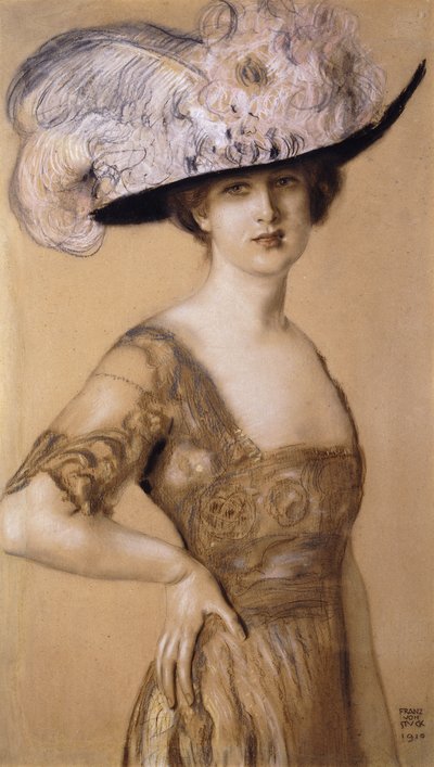 羽の帽子をかぶった女性の肖像画、1910 作： Franz von Stuck