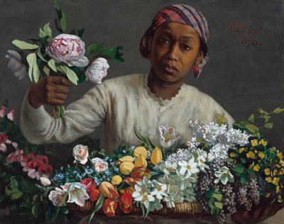 牡丹を持つ若い女性 作： Frédéric Bazille