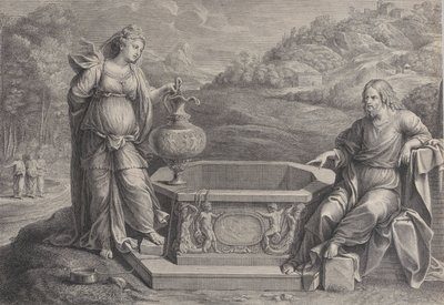 右側に座っているキリストと、左側に立っているサマリアの女性。 1729年。 作： Frédéric Horthemels