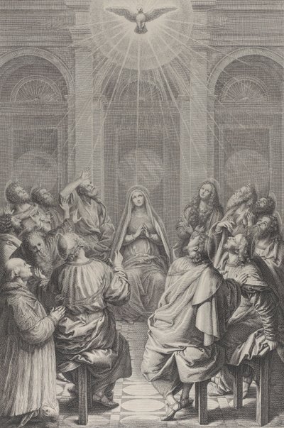 ペンテコステ、使徒たちと聖母が輪になって座っている、聖霊のアペ..., 1729-40. 作： Frédéric Horthemels