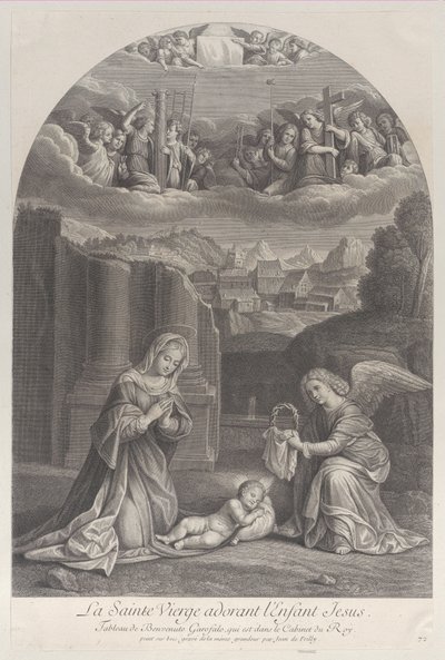 キリストの子供を崇拝する聖母マリア、右にいばらの冠を持っている天使、...、約。 1729年。 作： Frédéric Horthemels