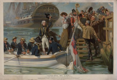 勝利号でトラファルガーに向けて出航するためにポーツマスを離れるネルソン (chromolitho) 作： Fred Roe