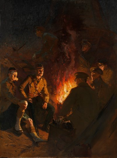 前線のどこか、夜のキャンプファイヤーの周りの兵士たち、西部戦線 作： Fred Roe