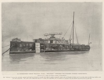 中断された標的練習、HMS Belleisleはさらなる砲撃実験の準備をしました 作： Fred T. Jane