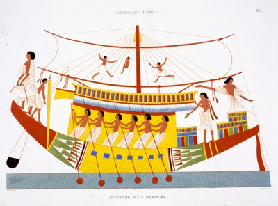 フレデリック・カイヨー (1787-1869) による 2 回目のエジプト訪問で 1819-1822 年に記録された、テーベのフレスコ画のまれな記録からのナイル川のリバーボート、カラー リソ 作： Frederic (after) Cailliaud