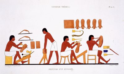 フレデリック カイヨー (1787-1869) による 2 回目のエジプト訪問で 1819-1822 年に記録されたテーベのフレスコ画の珍しい記録からの皮革職人、カラー リソ 作： Frederic (after) Cailliaud