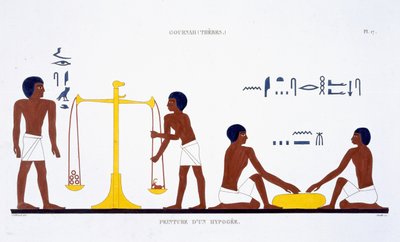 テベスのフレスコ画のまれな記録からの死の儀式（主題は不明）は、フレデリック・カイヨー（1787-1869）によるエジプトへの2回目の訪問で1819-1822年に記録されました（カラーリソ） 作： Frederic (after) Cailliaud