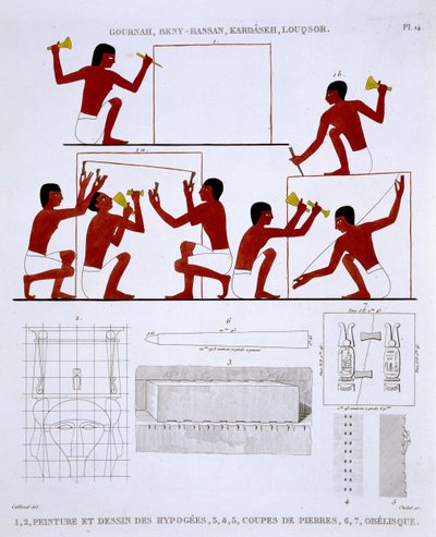 フレデリック・カイヨー（1787-1869）、カラーリソによるエジプトへの2回目の訪問で、1819-1822年に記録されたテーベのフレスコ画のまれな記録からの作業中の石工 作： Frederic (after) Cailliaud