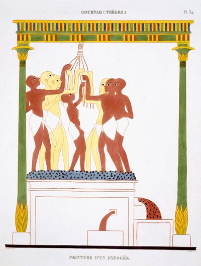 テベスのフレスコ画のまれな記録からのブドウを踏む、フレデリック・カイヨー（1787-1869）によるエジプトへの2回目の訪問で1819-1822を記録、カラーリソ 作： Frederic (after) Cailliaud