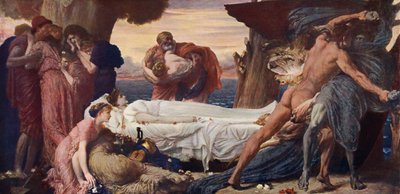 アルケスティスの体をめぐって死と闘うヘラクレス（カラーリトグラフ 作： Frederic (after) Leighton