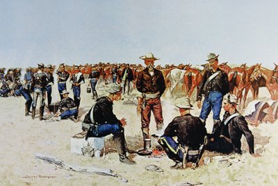 平原での騎兵の朝食」1890年頃の油彩画より（カラーリトグラフ 作： Frederic (after) Remington