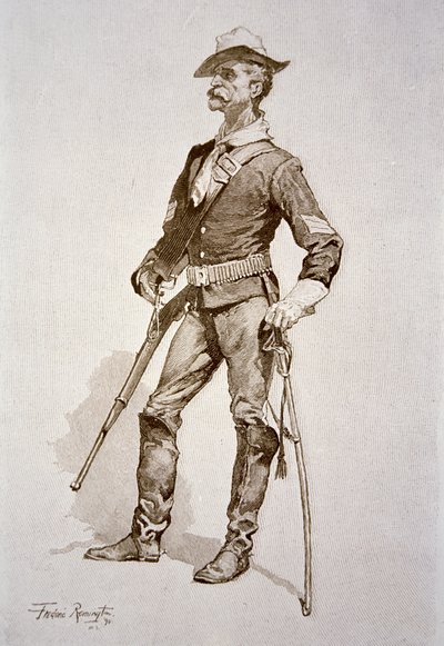 アメリカ騎兵隊の軍曹、1890年の図面に基づいて（エングレービング 作： Frederic (after) Remington