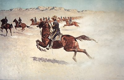 追跡するバッファローソルジャー（カラーリトグラフ 作： Frederic (after) Remington