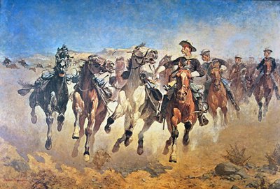 下馬：第4トルーパーズムービング、オリジナルペイント1890（カラーリトグラフ 作： Frederic (after) Remington