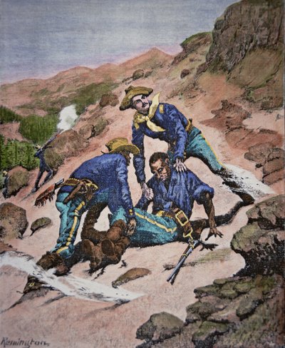 1886年のジェロニモ作戦におけるスコット伍長の救出劇（カラー彫刻版 作： Frederic (after) Remington